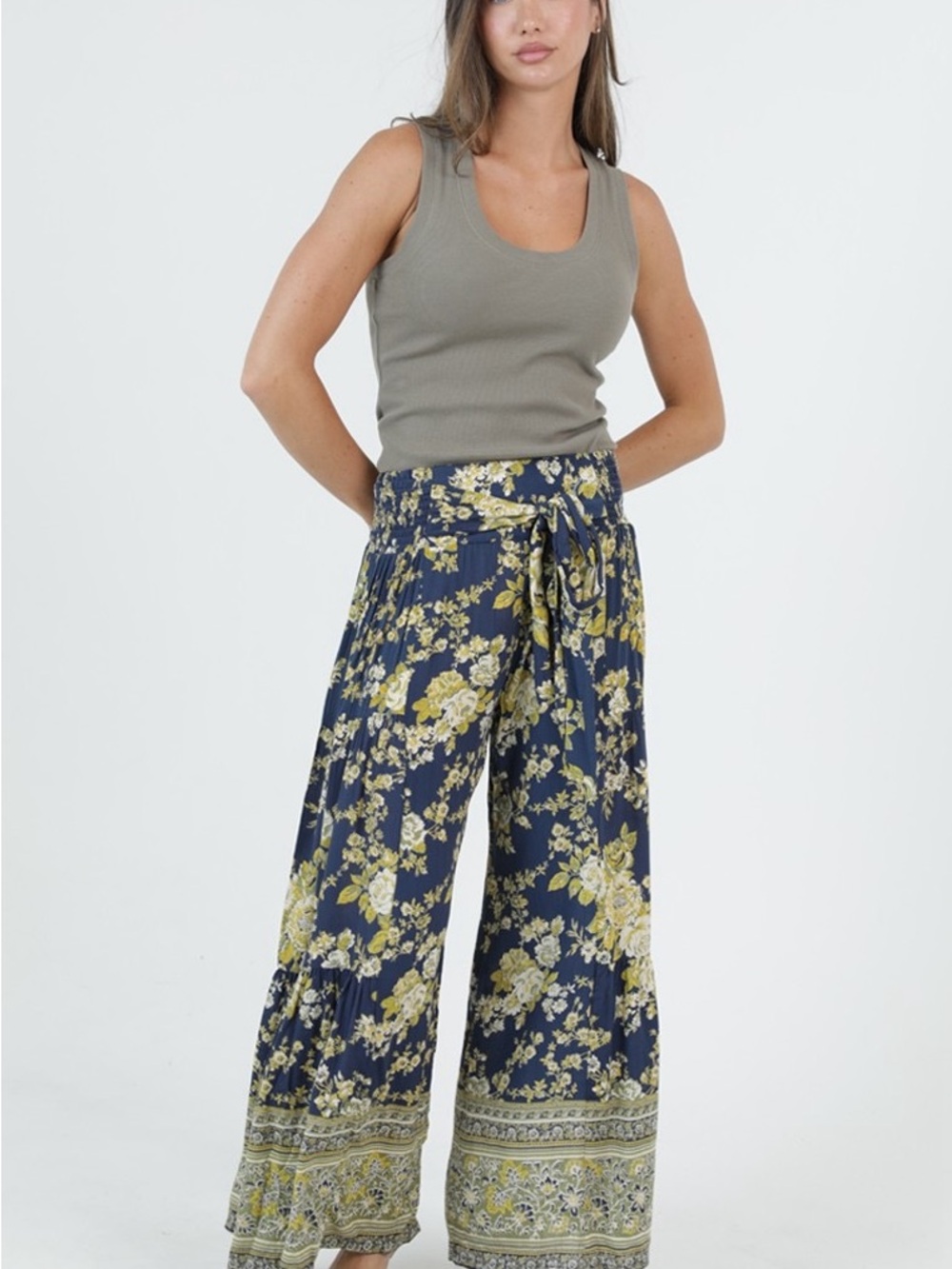 Angie Navy Floral Wide-Leg Tie-Waist Pants with Yellow Blooms